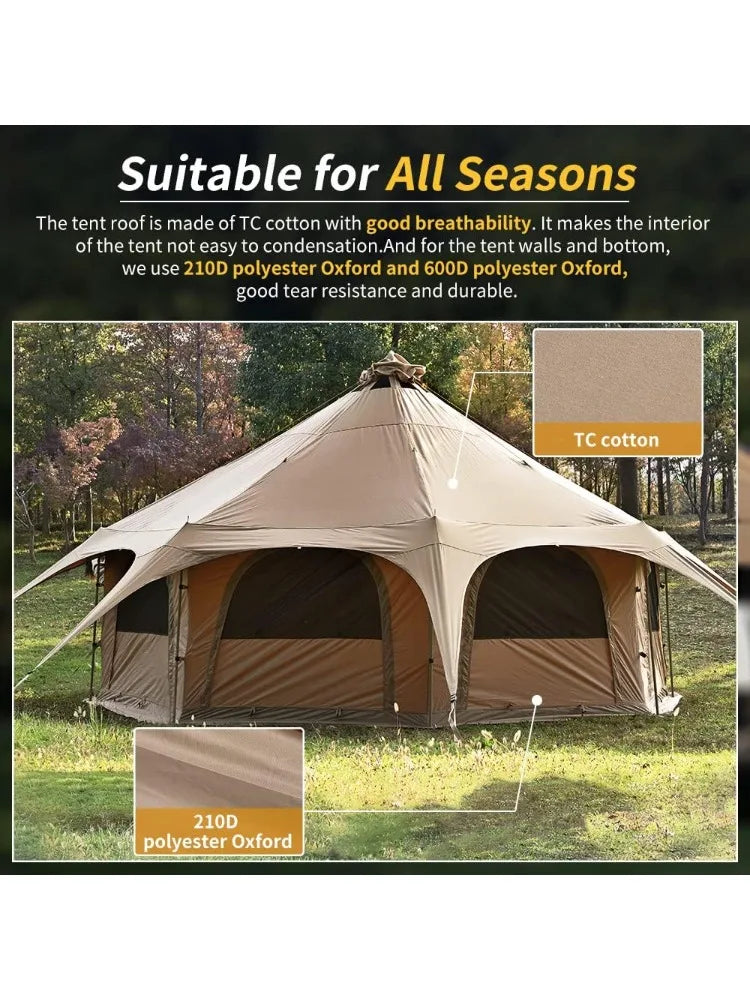 Canvas Tent Bell Tent 16.4ft*High9.2ft with Stove Jack for Glamping Family Camping Zipped Removable Floor