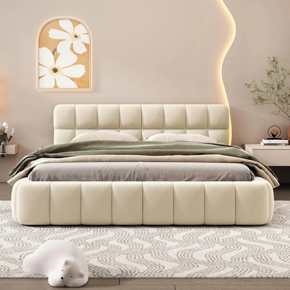 Merax Contemporary Queen Size Linen Wingback Bed Frame, Low Platform Design, No Box Spring Needed, Beige Upholstery