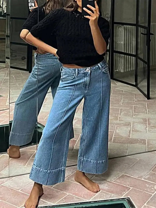Women's non-elastic washing light blue wide feet fashionable simple wide-leg casual jeans