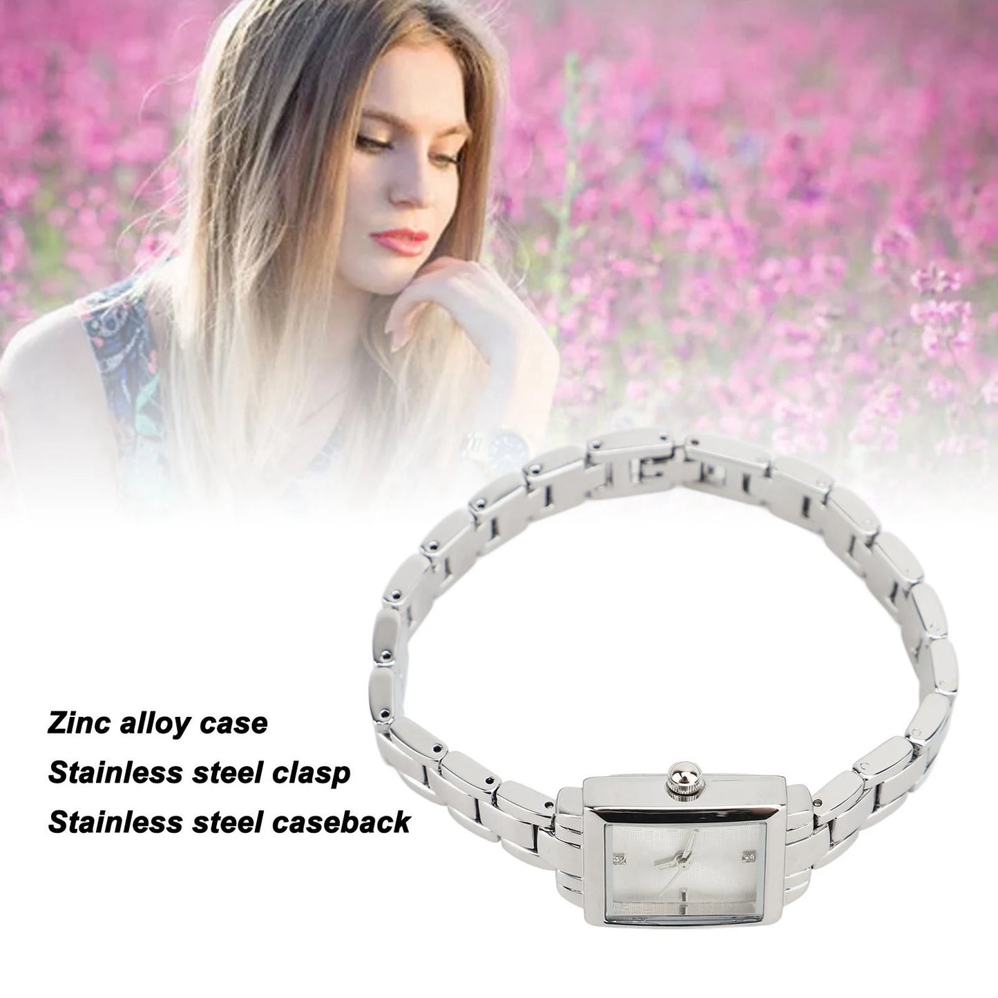 Women Stainless Steel Wristwatch Rhinestone Fashionable Rectangular Water Proof 30m Lady Watch for Daily Use