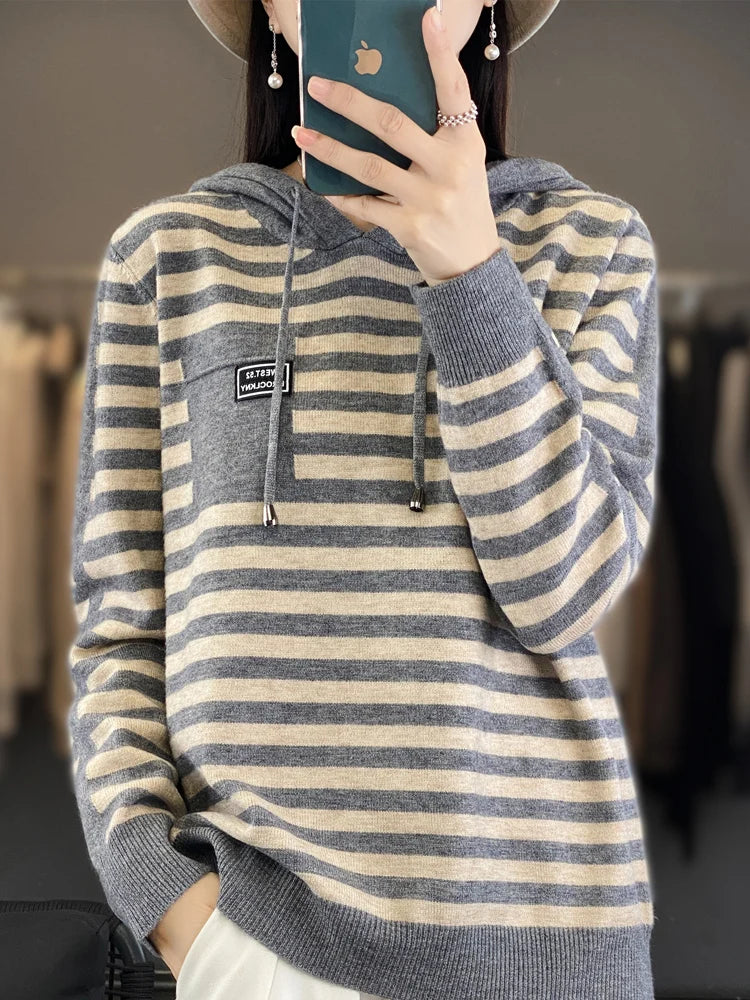 Winter Pure Wool Fashion Soft Sweater Autumn Female New Women Hooded Collar Strip Pullover Cashmere Loose Casual Knit Base Top