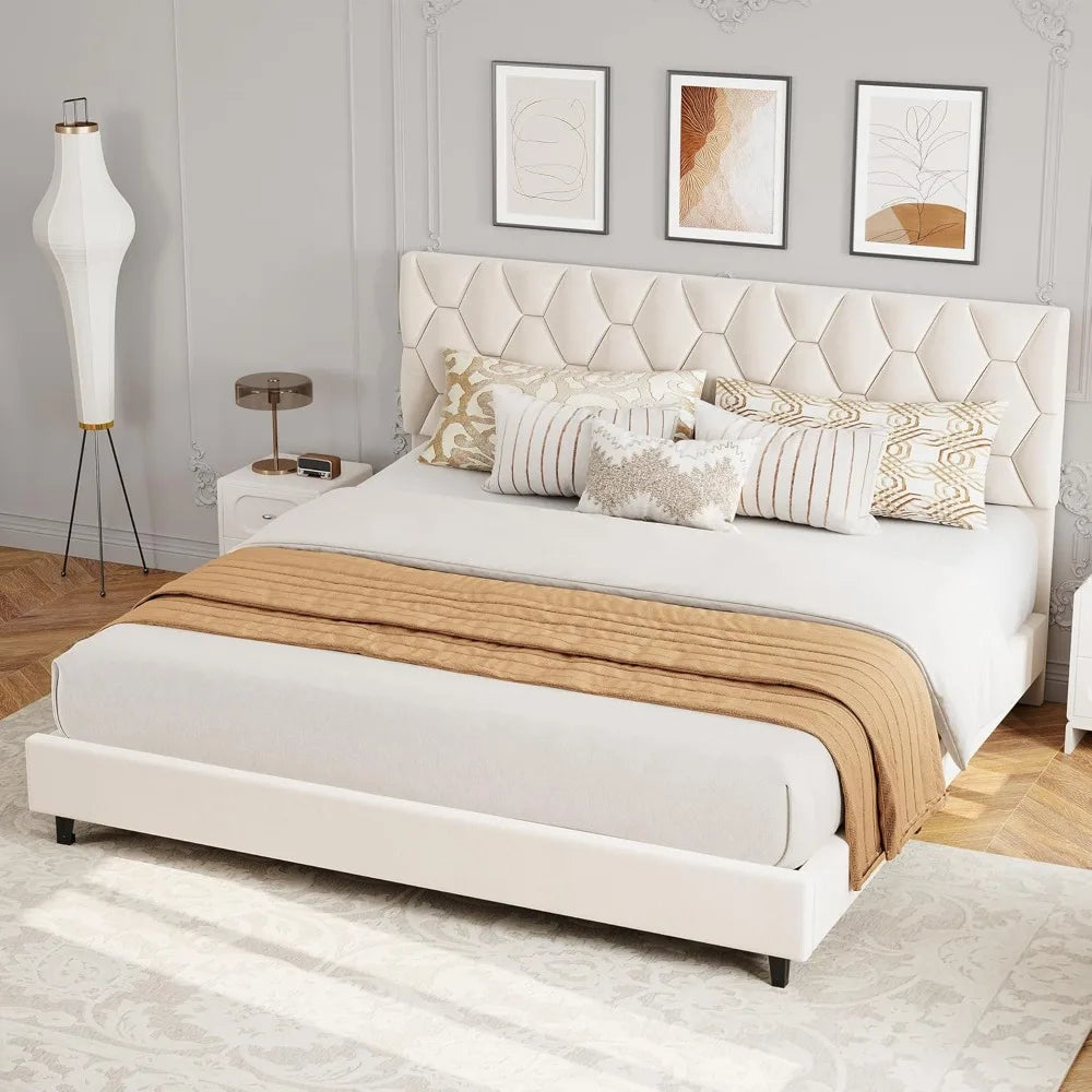 Beige King-Size Upholstered Headboard Bed Frame, Sturdy Wood Platform Base with Adjustable Headrest