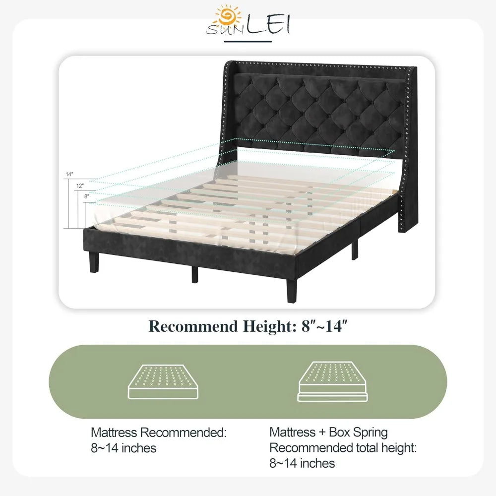 Queen Size Upholstered Bed Frame with Diamond Tufted Headboard, Storage, and Wingback Design