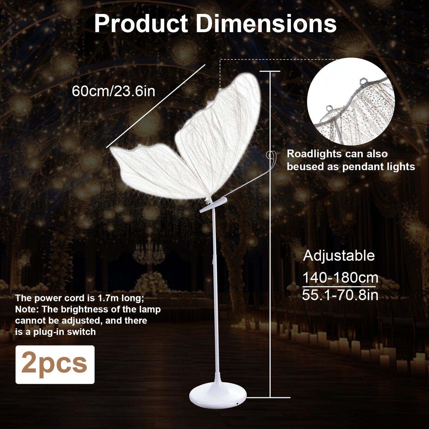 2pc LED Butterfly, Creative Lighting Wedding Floor Lamps, Romantic Butterfly Ceiling Light Decoration Props for Wedding Party