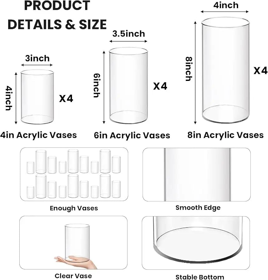 12 Pcs Acrylic Cylinder Vases 4,6,8 Inch Tall Clear Acrylic Flower Vases Bulk Floating Candle Holders Cylinder Plastic Vases for