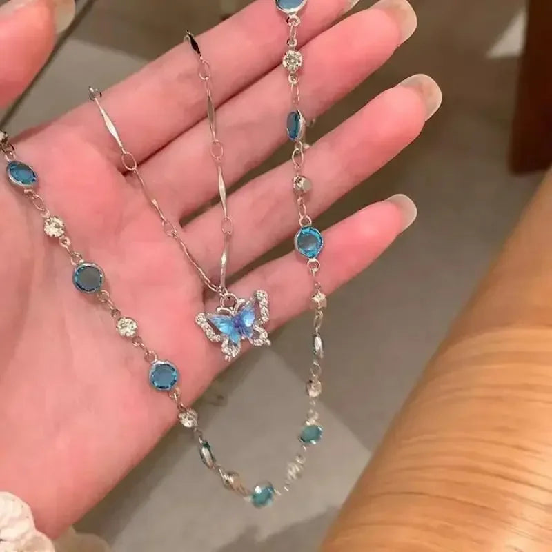 Romantic Blue Crystal Butterfly Necklace for Women Girls Simple Shiny Zircon Bilayer Choker Clavicle Chain New Fine Jewelry Gift