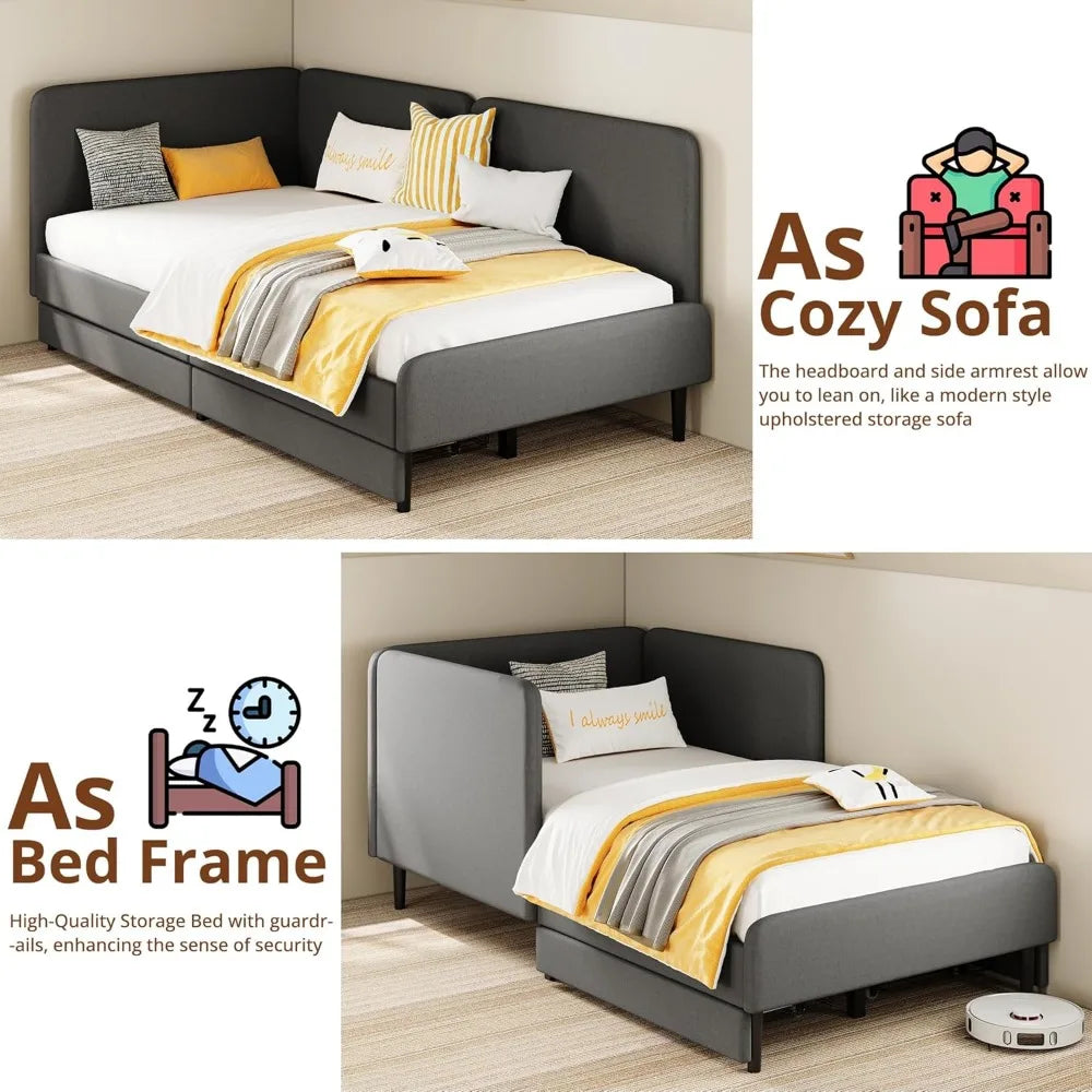 LIKIMIO Twin XL Corner Daybed with Storage Drawers and Headboard, Solid Bed Frame for Bedroom or Guest Room