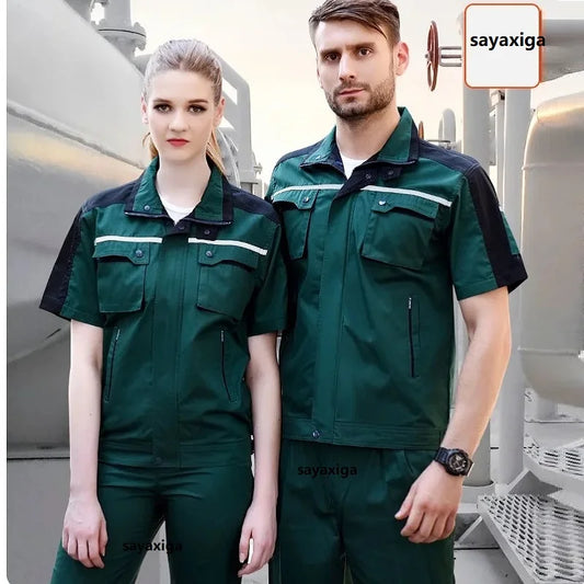 Summer Work Clothing For Men Women Workshop Mechanic Repair Uniform Work Clothes Short-sleeve Coveralls Two Tones Safety Clothes