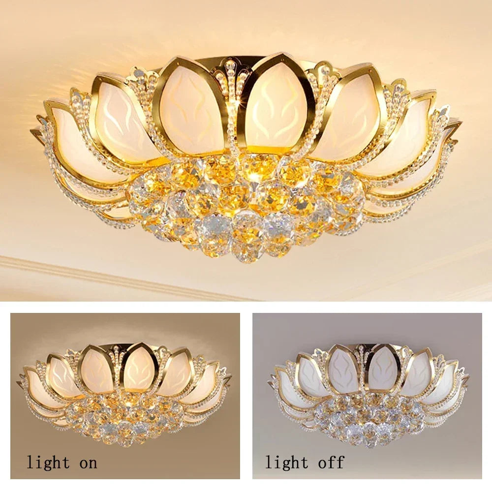 23.5Inch Flower Shaped Crystal Chandelier, E12 110V Gold Crystal Ceiling Lamp Modern Chandelier Hanging Lamp Flush Mount