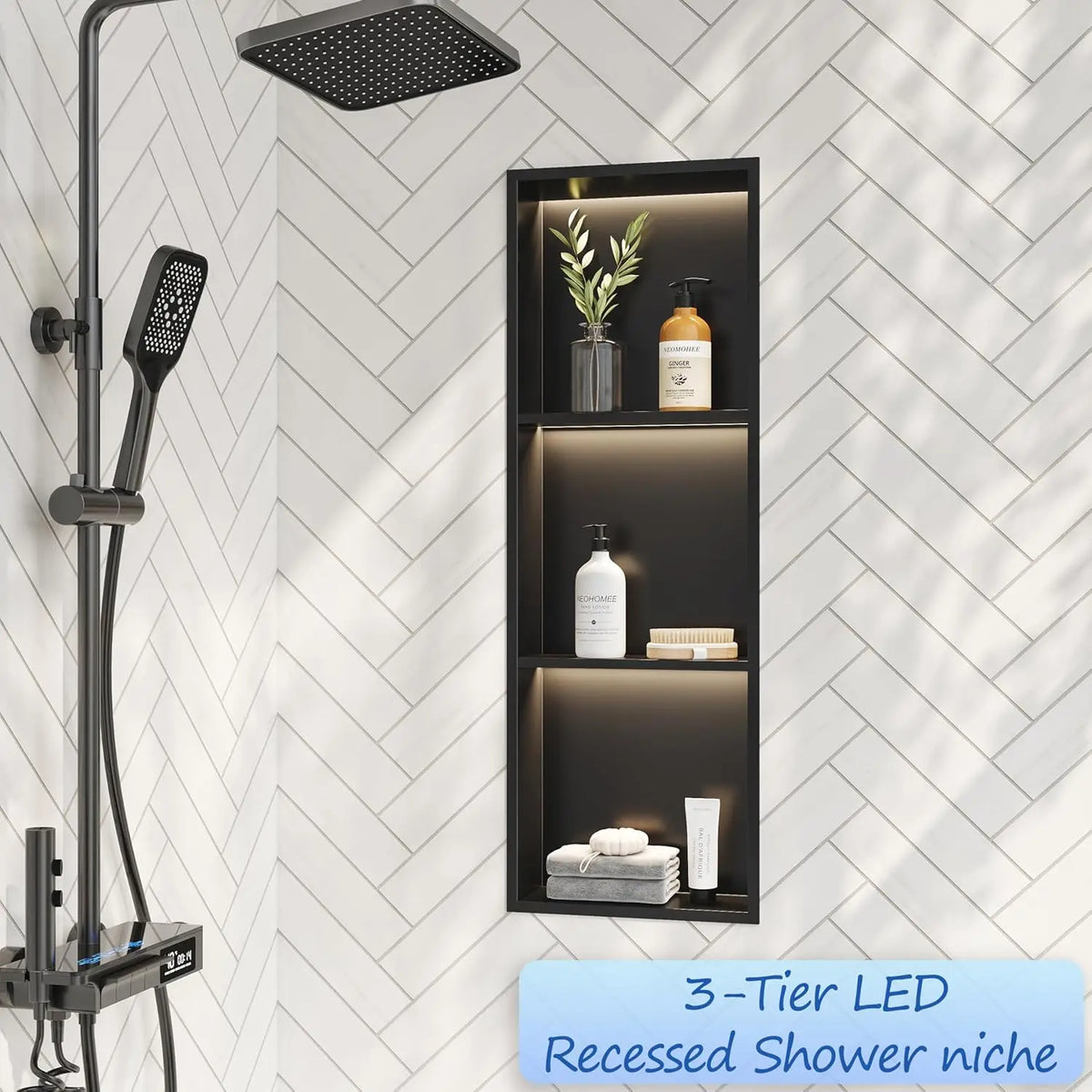 3-Tier 12x36“ Recessed Shower Niche with LED Light, Matte Black Stainless Steel Wall-Mounted Bathroom Shelf, 3000K Warm