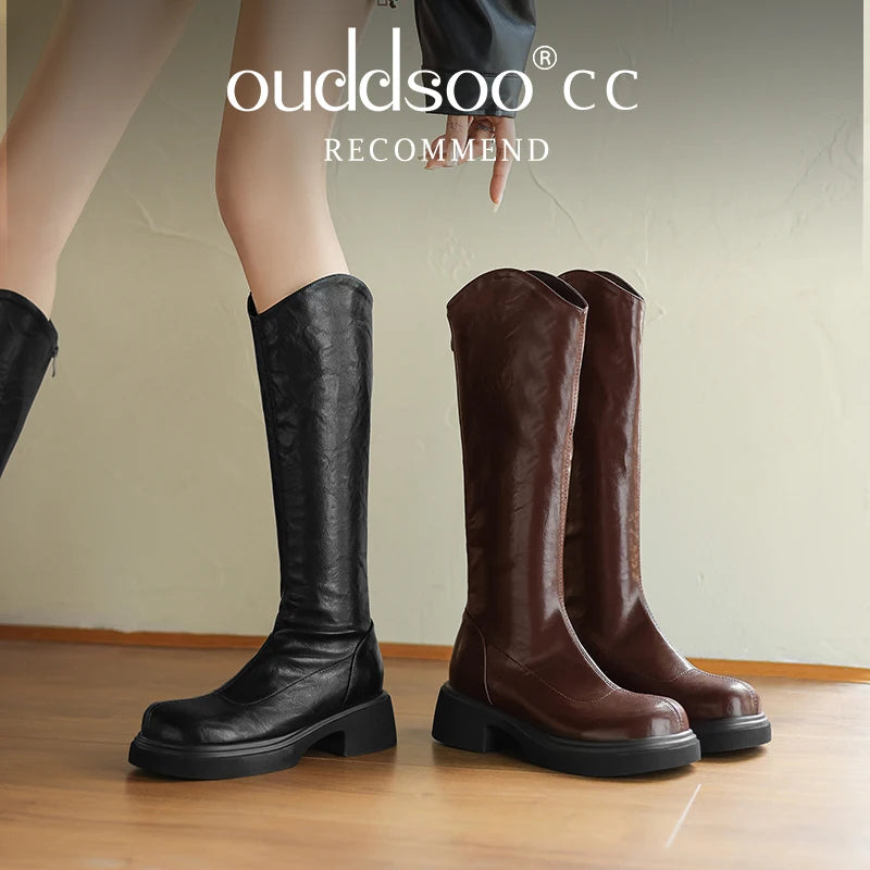 Ods  Footwear Elegant Heeled Shoes for Women Brown Ladies Boots Platform Winter Knee High Shaft Heels Long Boot Free Shipping 42
