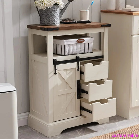 Bathroom Floor Cabinet, Farmhouse Cabinet with Sliding Barn Door & Storage Drawers, Small Storage Cabinet for Bathroom, Kitchen,