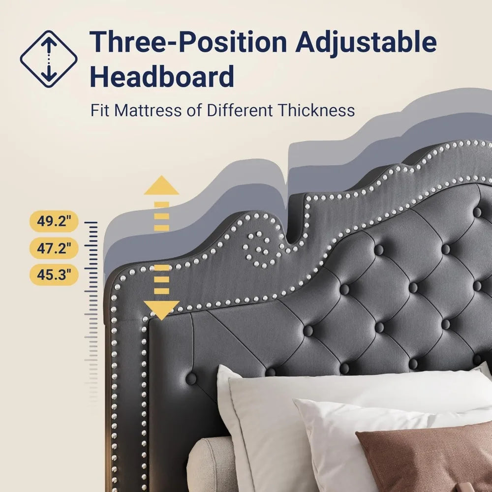 Adjustable Velvet Tiara Headboard King Size Bed Frame with Upholstered Diamond Button Tufted Platform and Wood Slats Support