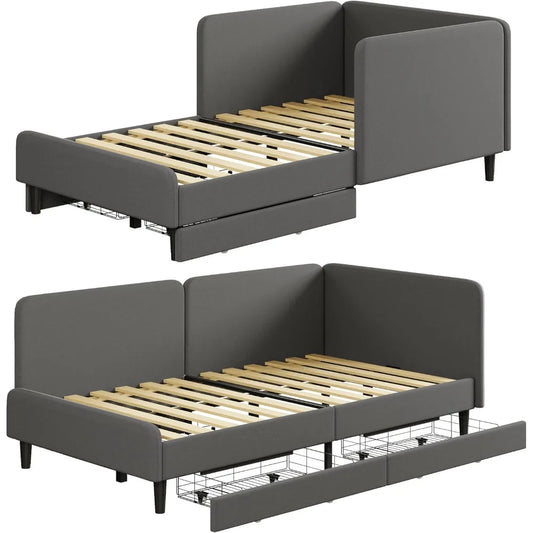 LIKIMIO Twin XL Corner Daybed with Storage Drawers and Headboard, Solid Bed Frame for Bedroom or Guest Room