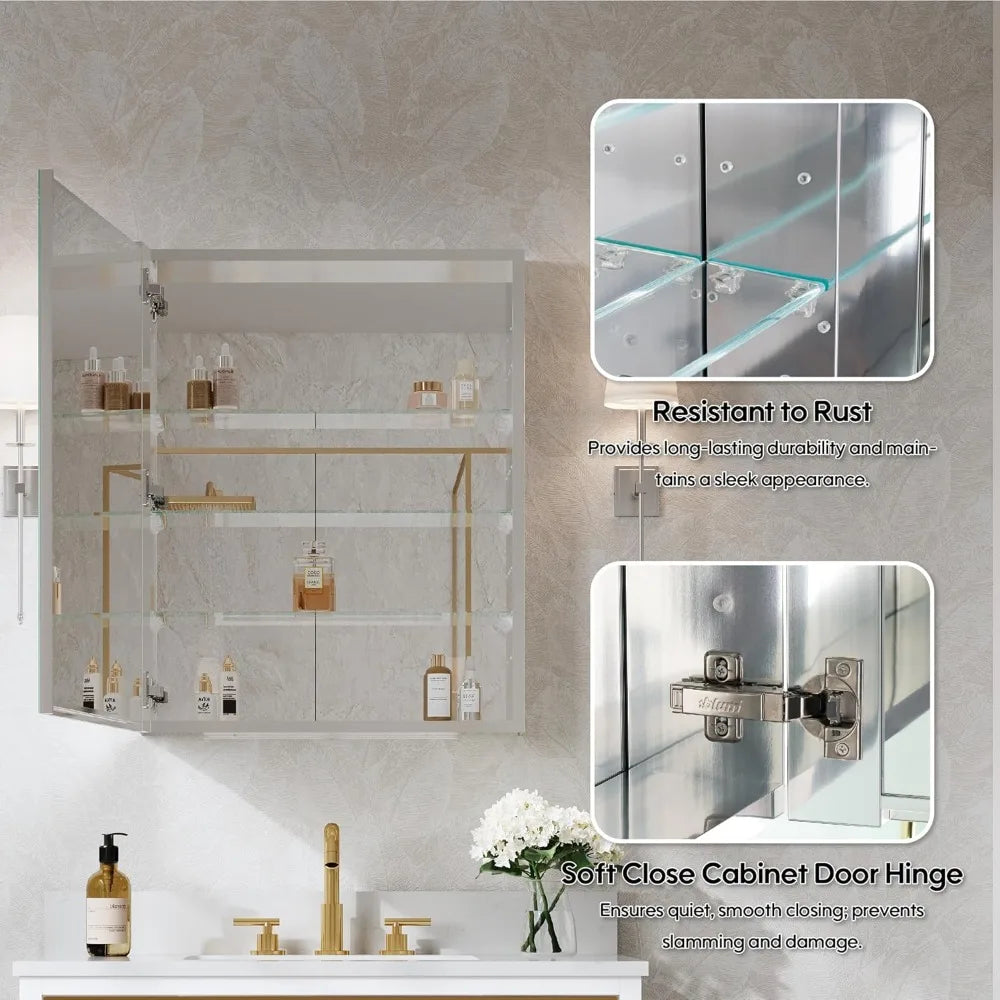 24 x 30 Bathroom Medicine Cabinet, Anodized Chrome Aluminum Frame, Medicine Cabinet with Adjustable Glass Shelves, Bathr