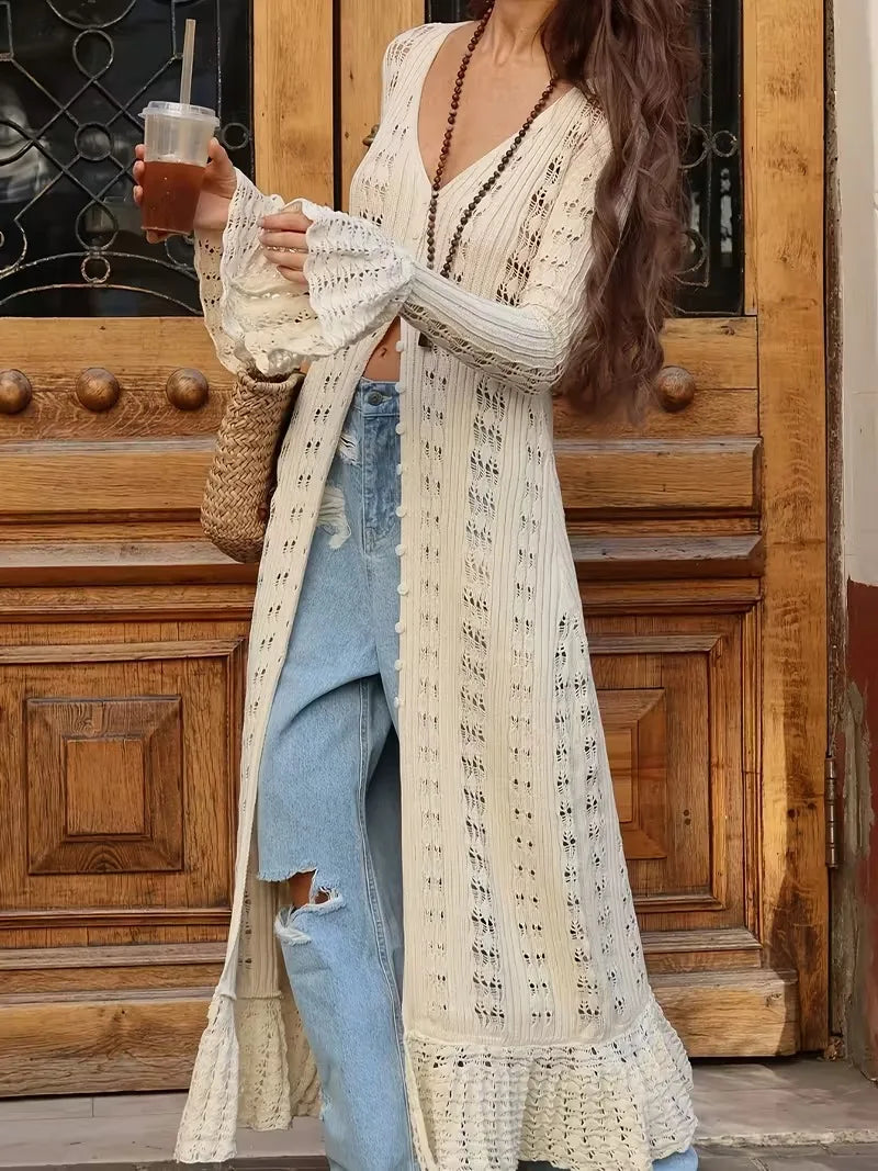 Women's Elegant Long Sleeve Cardigan - V-Neck Collar Button Front Closure, Solid Beige Layered Sweater for Spring/Fall, Casual t