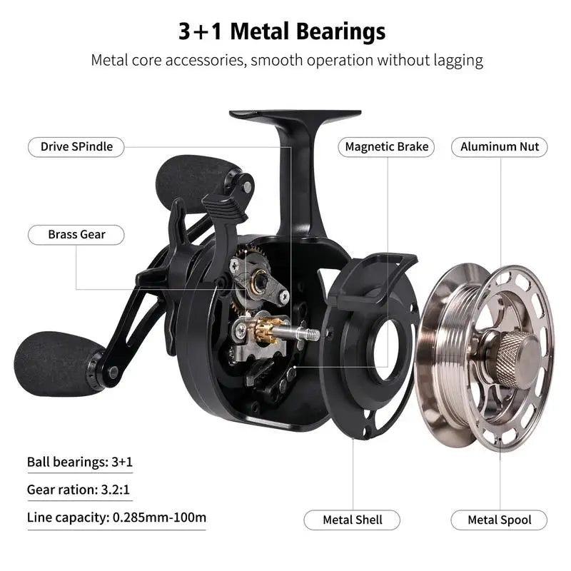 Ice Fishing Reel Large Spool Diameter Inline Freespool Reel Wear-Resistant 31 BB Ice Fishing Gear for Sea Lake Pond Metal Spool