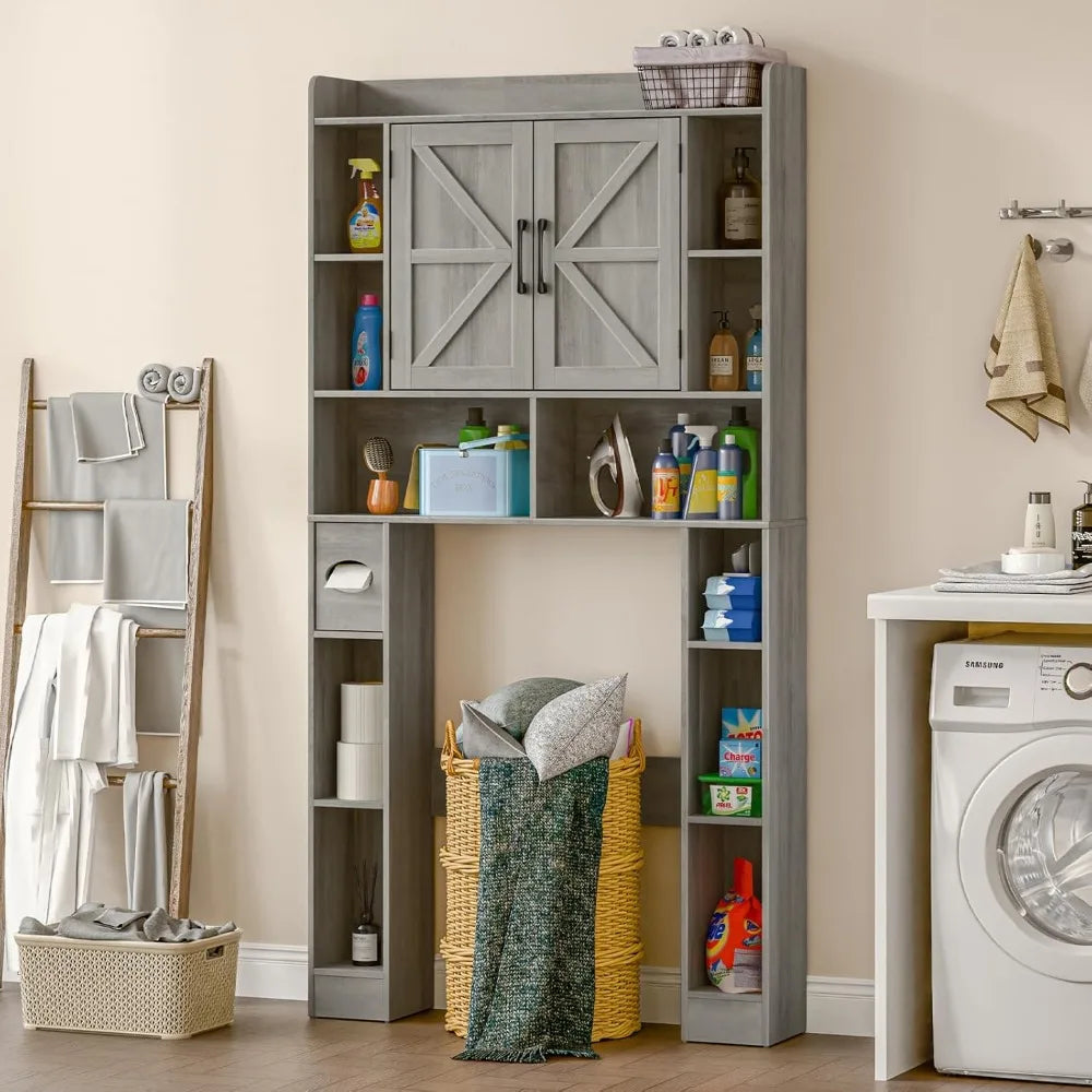 Farmhouse Storage Cabinet Over Toilet with Barn Doors，Over The Toilet Storage Cabinet, Home Space-Saving Toilet Rack