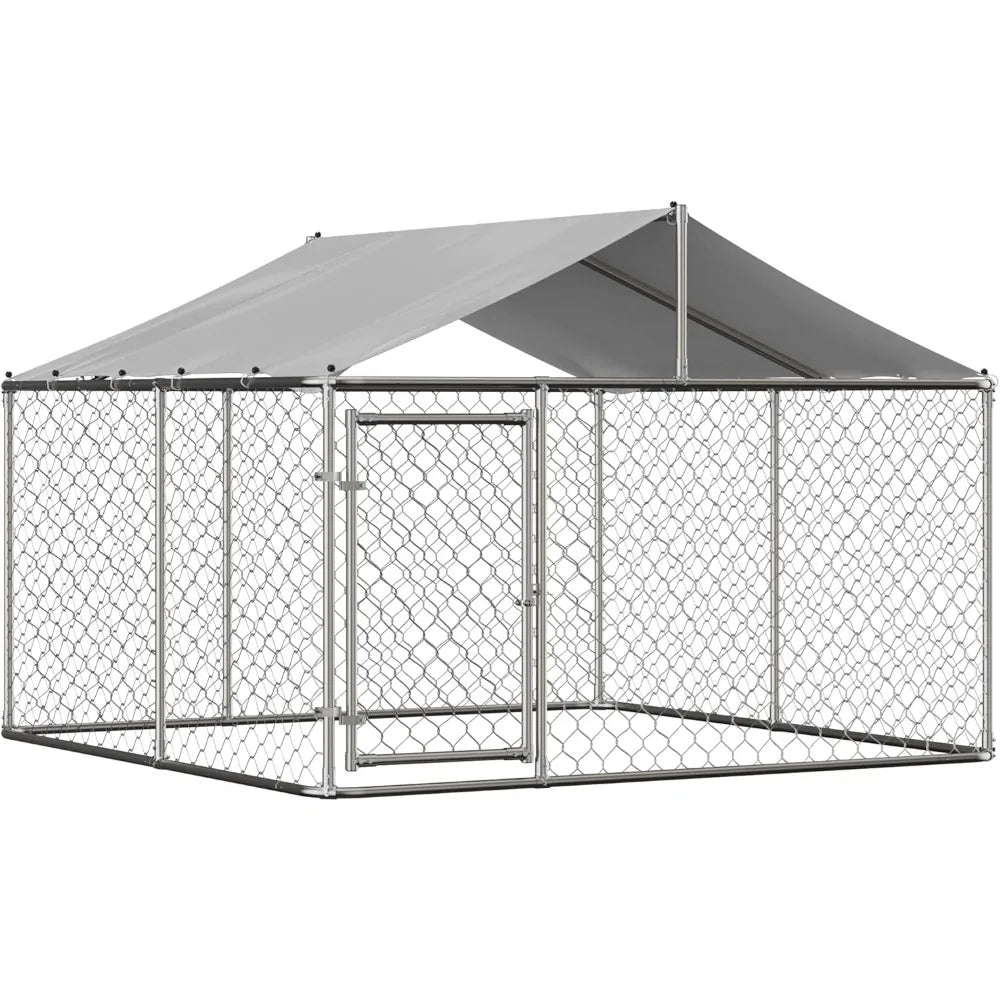 Large Outdoor Dog Kennel, Heavy Duty Galvanized Steel Dog Enclosure with Waterproof UV-Resistant Cover, Lockable Door Chain Link