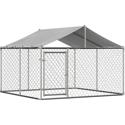 Large Outdoor Dog Kennel, Heavy Duty Galvanized Steel Dog Enclosure with Waterproof UV-Resistant Cover, Lockable Door Chain Link