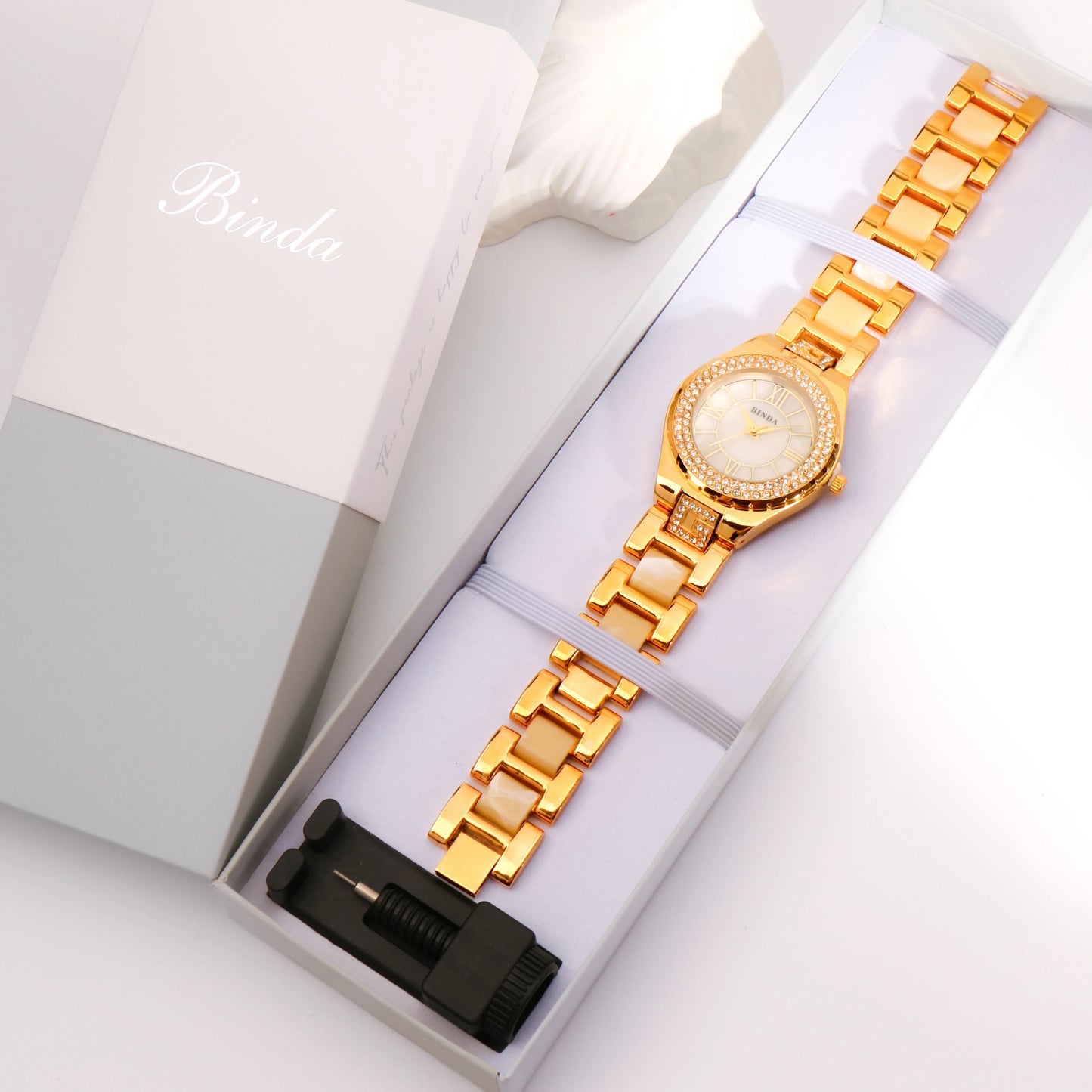 Binda Elegant Women Gold Quartz Watch Amber Accents, Mother-of-Pearl Dial, Roman Numerals, Amber Bracelet, Gift Box