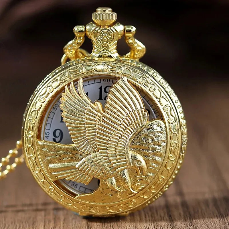 Fashion Men Hollow Eagle Quartz Pocket Watch Necklace Luxury Gold Pendant Gifts For Women Man with Fob Chain