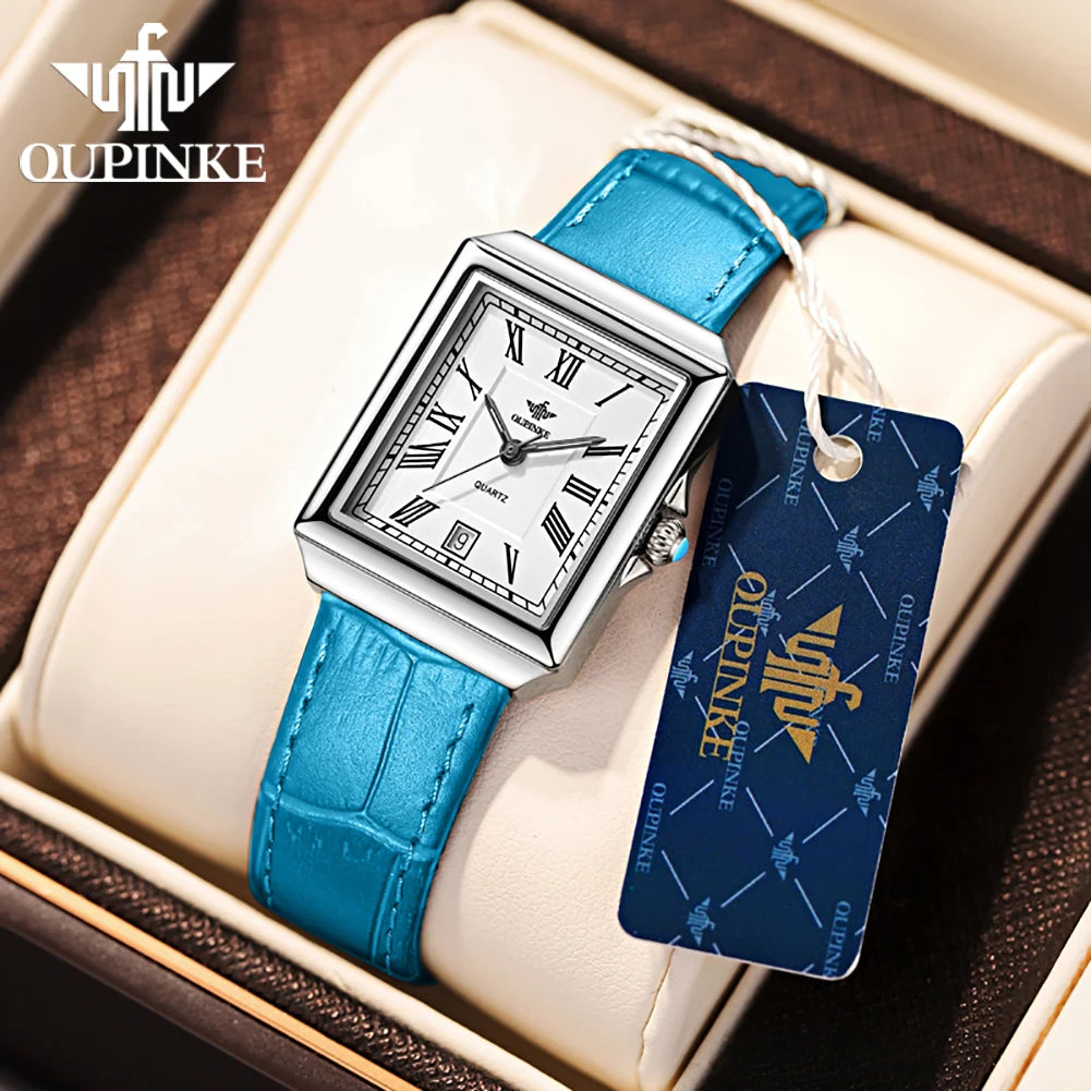 OUPINKE 3182 Simple Womens Watches Elegant Rectangular Dial Quartz Watch Leather strap Date Waterproof Original Lady Wristwatch