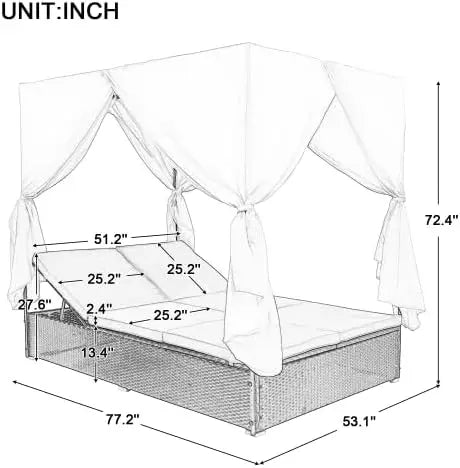 Outdoor Canopy Bed Patio Daybed Sunbed with Retractable Canopy Rattan Sun Lounger Patio Loveseat Sofa Set with Curtains Garden F
