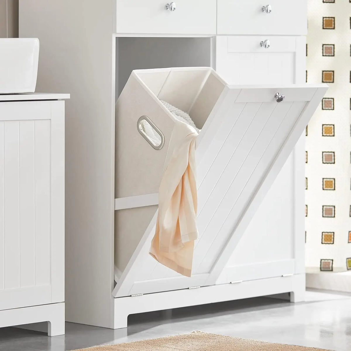 Tilt-Out Bathroom Laundry Cabinet Hidden Hamper Organizer with Double Baskets and Drawers Storing Unit Storage Chest Cupboard