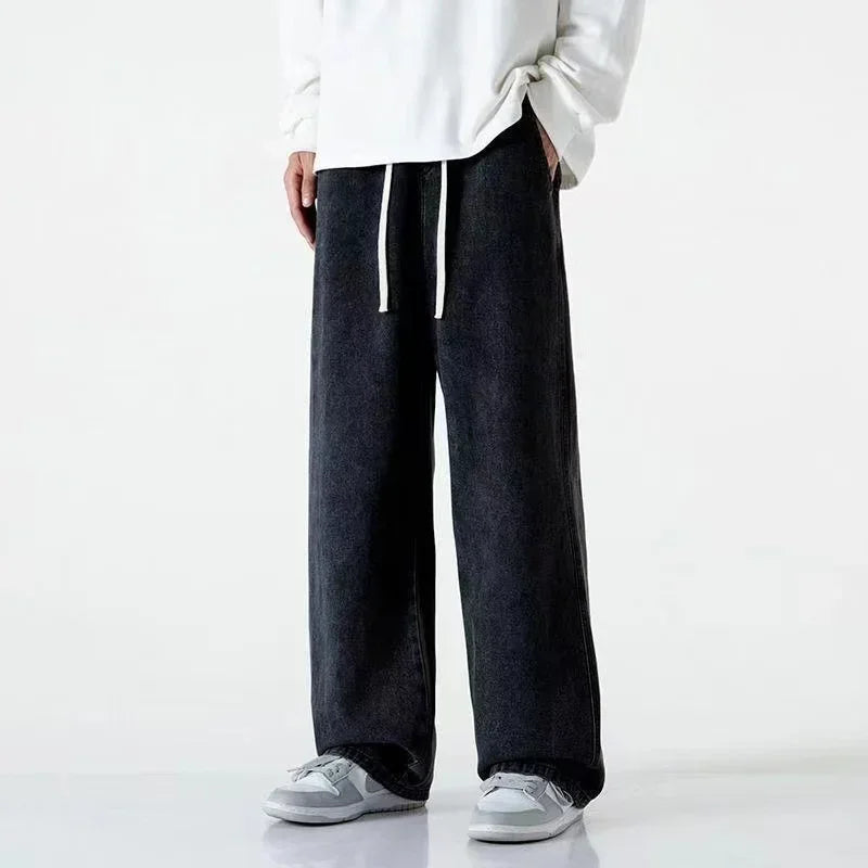 2023 New Korean Fashion Men's Casual Ankle-Length Jeans Classic Man Straight Denim Wide-leg Pants Light Blue Grey Black 3XL