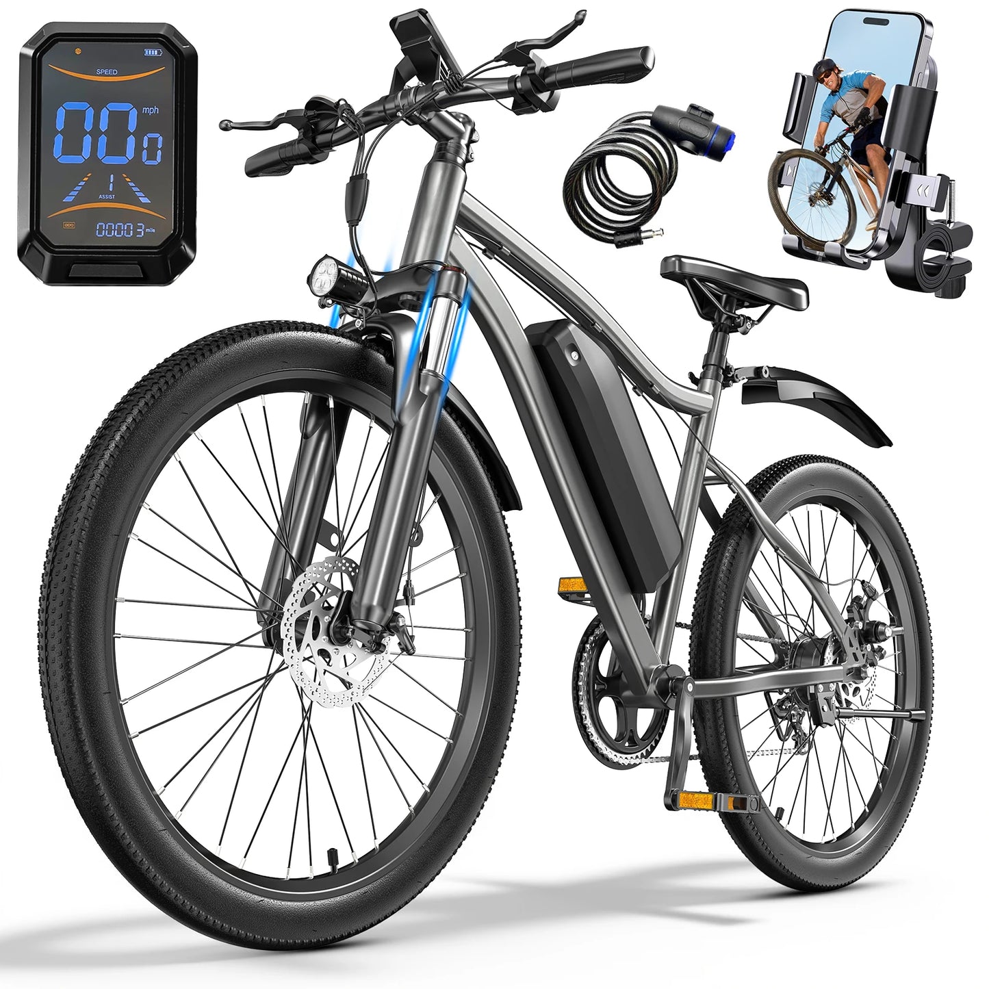 Electric Bike 26" Peak 750W 20Mph 7-Speed Front Ebike Suspension With Break Lcd Display Electric Bicycle For Adult