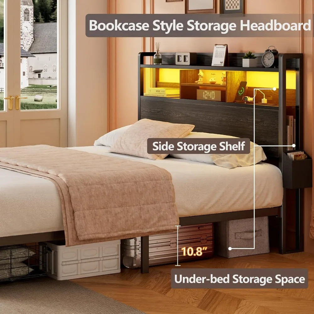 Queen Size Wood Headboard Bed Frame with Storage Shelf and Metal Platform Base, Including Storage Drawers and LED Lighting