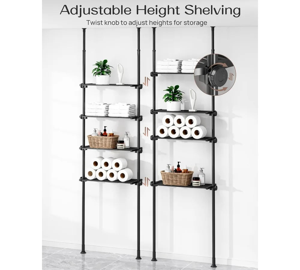 Adjustable Over Toilet Storage Shelf, 4-Tier Bathroom Organizer with Tension Mount, Fits 64-113 Inch Heights, Black