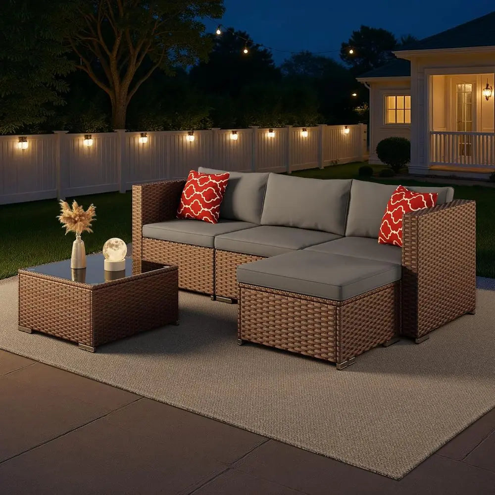 All-Weather Grey Outdoor Wicker Patio Sectional Set with Cushions and Glass Table