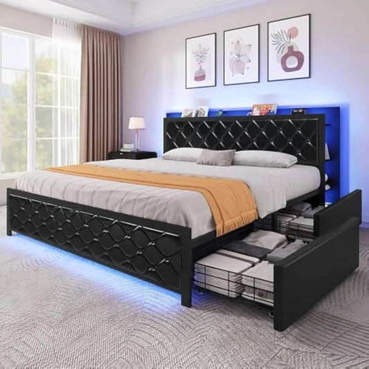 yitahome queen bed frame with rgb led lights headboard & 4 storage drawers, modern upholstered faux leather platform bed with us