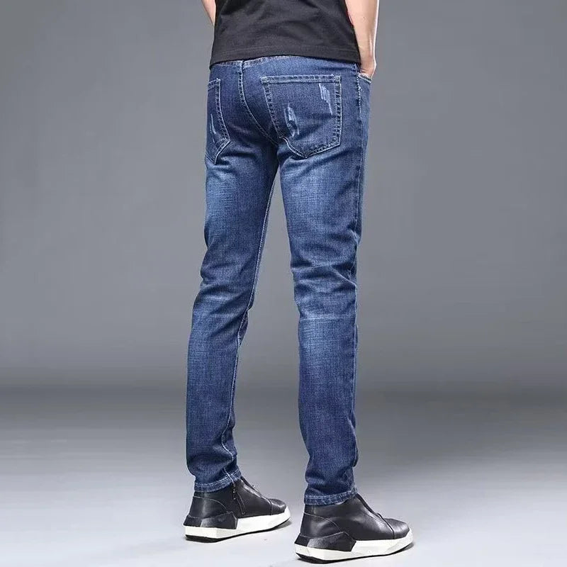 Men's Stylish Classic Business Casual Jeans Four Seasons Wear Black Blue Pants Middle-waist Leggings Denim Fabric Trousers Male