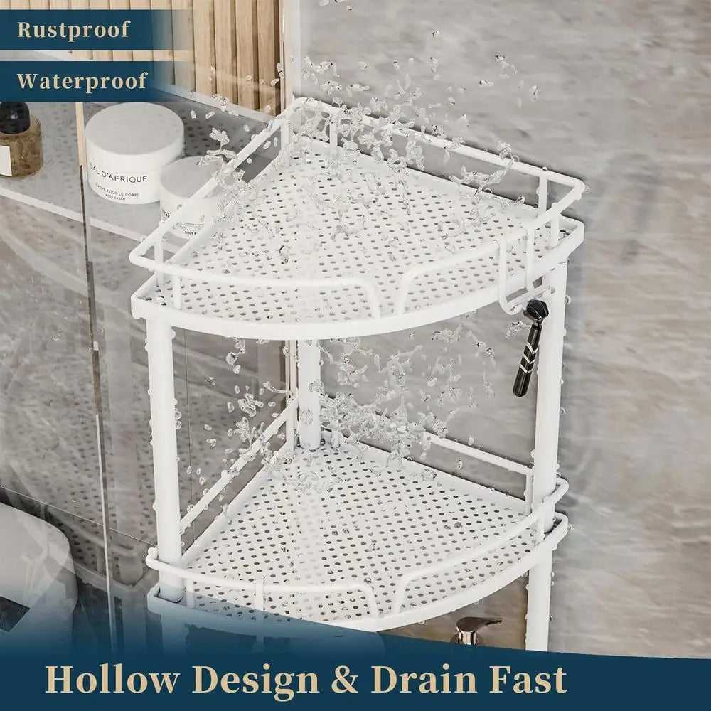3-Tier Corner Shower Organizer with Soap Dish, Adjustable Floor Rack, Hooks, White Bathroom Shelf