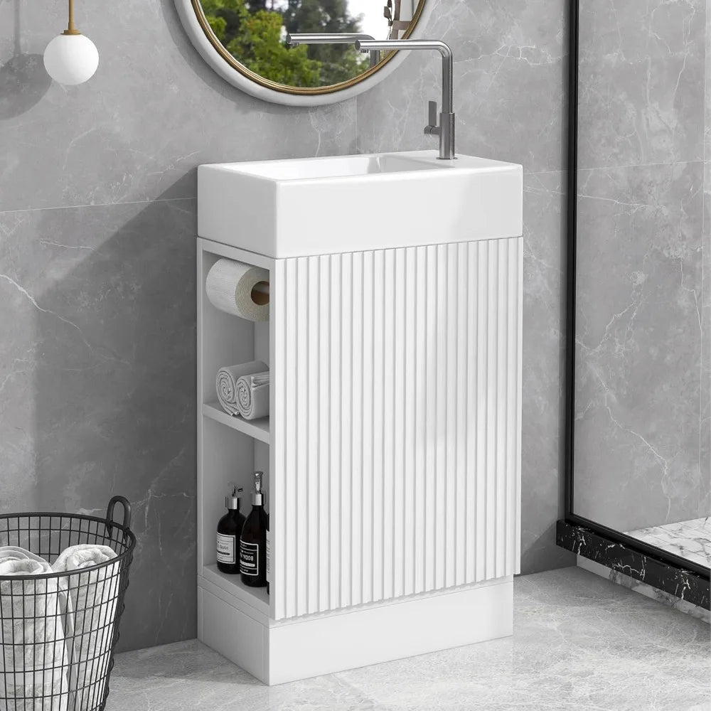 18.6" Bathroom Vanity with Ceramic Sink, Freestanding Cabinets with Open Shelf and Toilet Paper Holder, Left or Right Door Orien