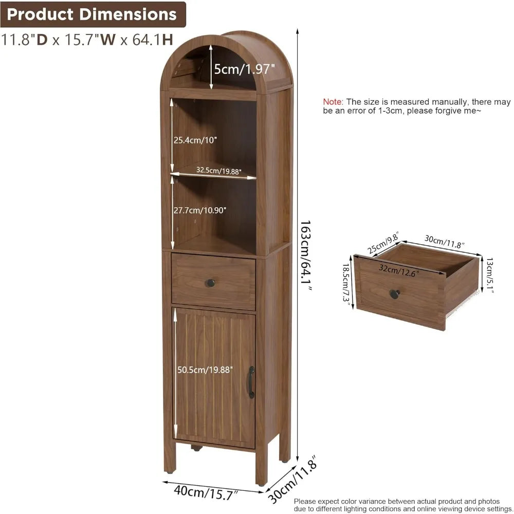 Elegant Tall Bathroom Storage Cabinet with Adjustable Shelves, Slim Arched Tower Cabinet Featuring Fluted Doors and Drawers