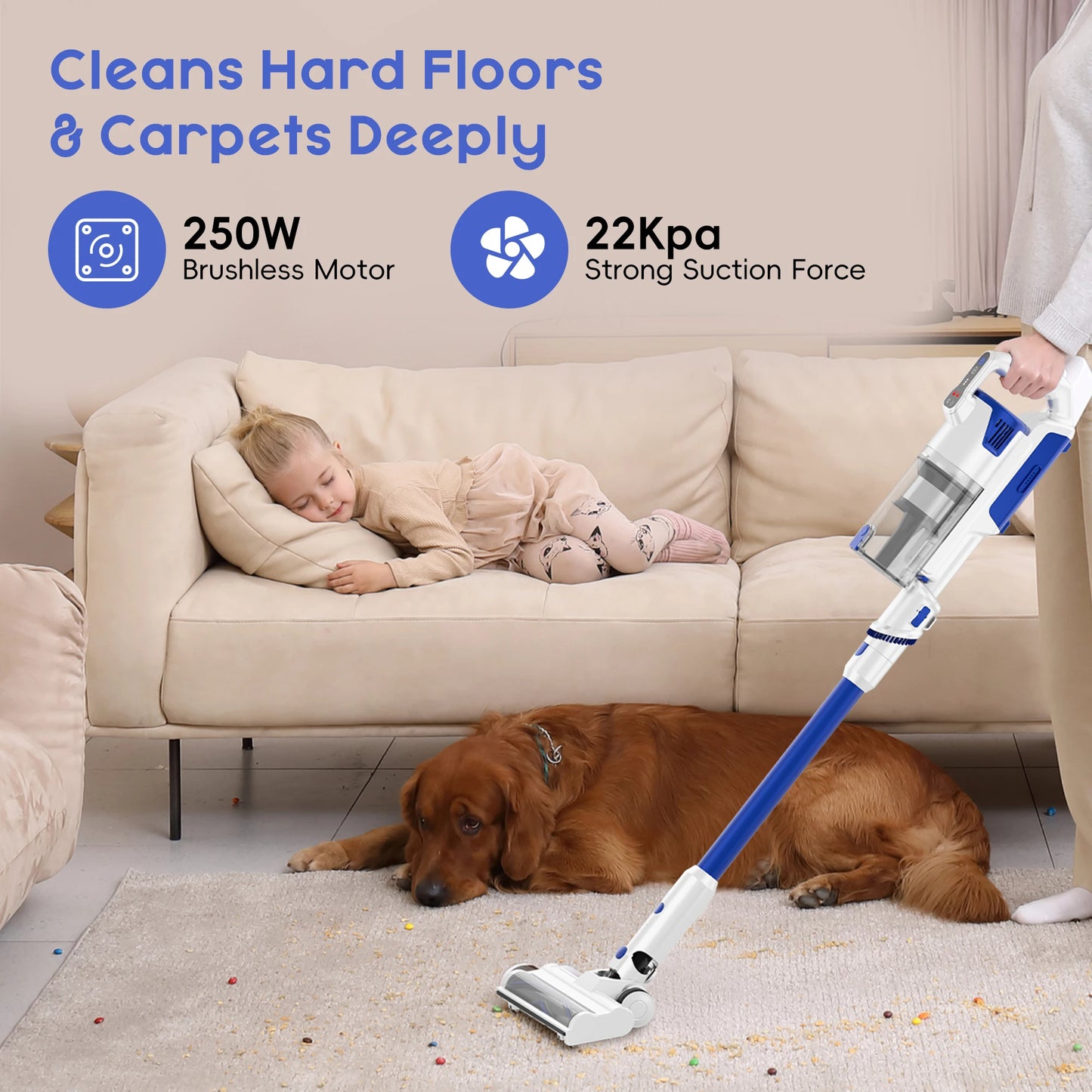 WHALL Cordless Vacuum Cleaner, Stick Vacuum Cleaner with Brushless Motor, Handheld Vacuum Cleaner for Car, Home, Pet Hair