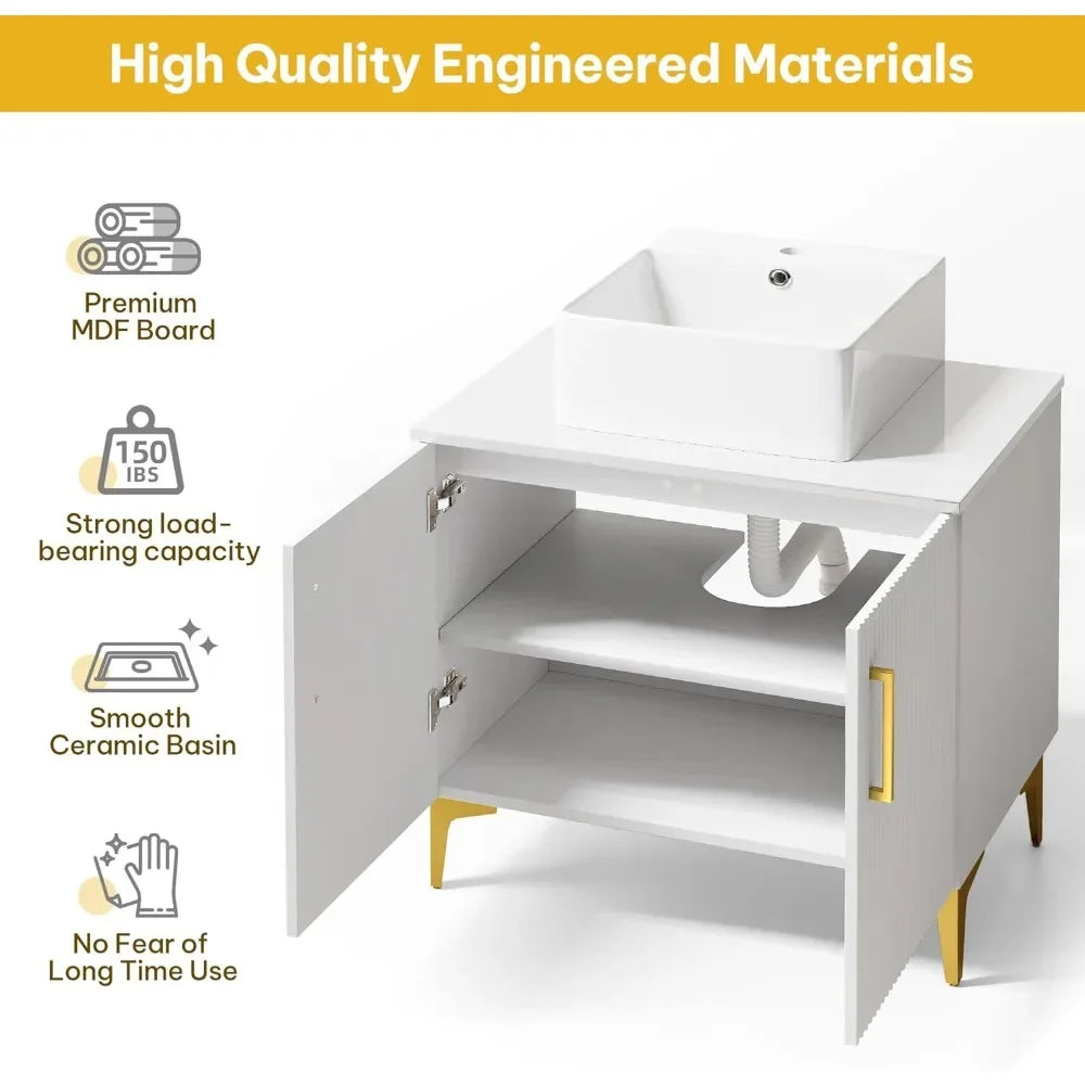 30 Inch Bathroom cabinet & Sink, Freestanding Storage Cabinet w/Engineered Stone Countertop, 2 Large Soft Closing Doors w/Shelf