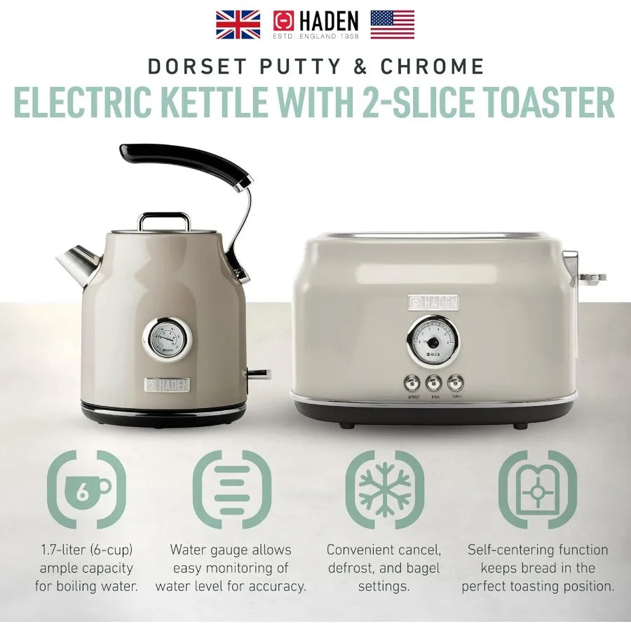 Dorset 2 Slice Wide Slot Stainless Steel Toaster Bundled with 1.7 Liter Stainless Steel Electric Kettle with 360-Degree Base Pu