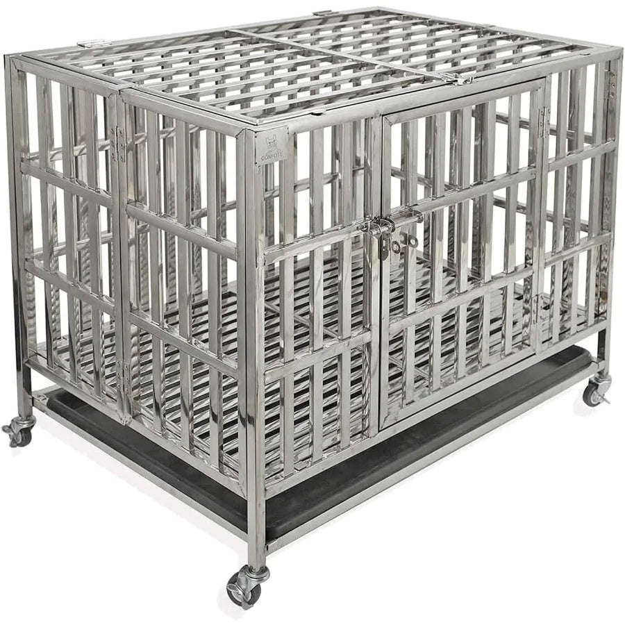 Heavy Duty Large Dog Crate Stainless Steel Dog Crate Cage Kennel with Rolling Wheels Double Door Removable Tray for Large Breed