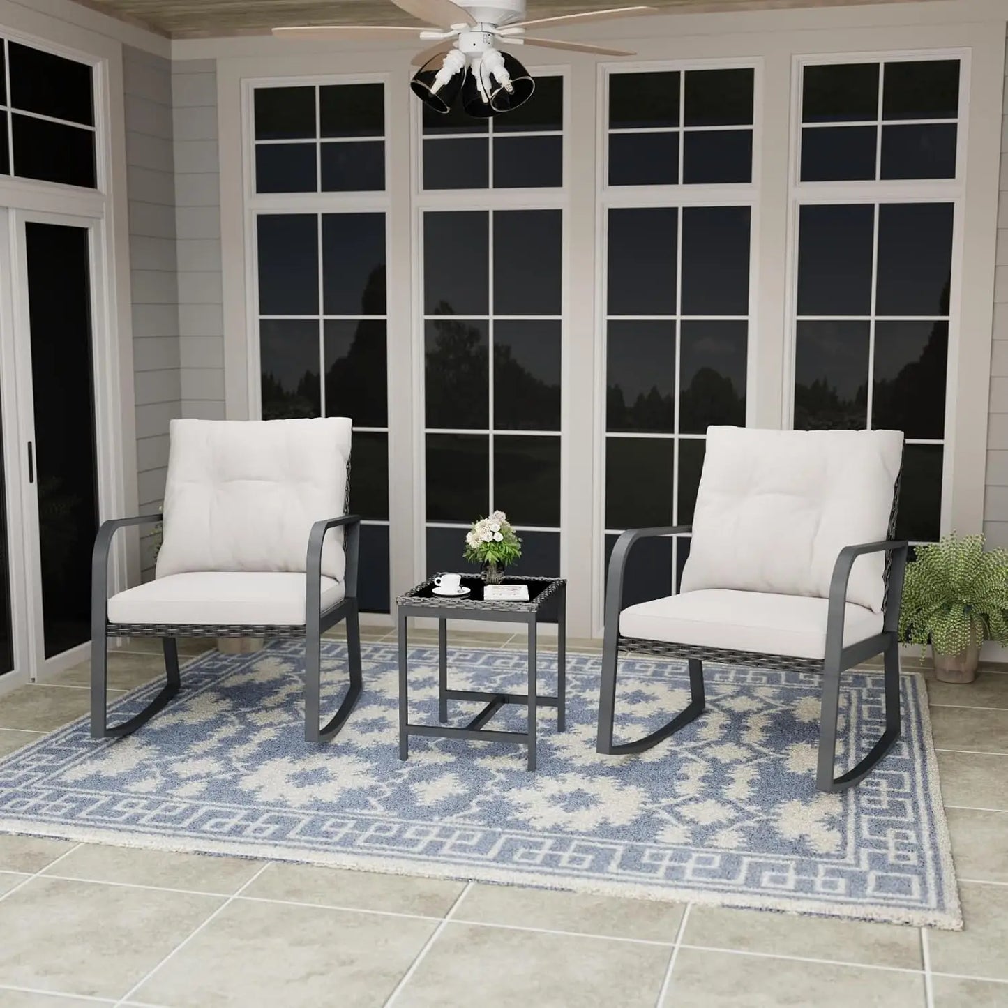 Bistro 3 Piece Patio Furniture Set, Patio Table and Rattan Outdoor Rocking Chairs Set of 2, Outdoor Bistro Conversation Set