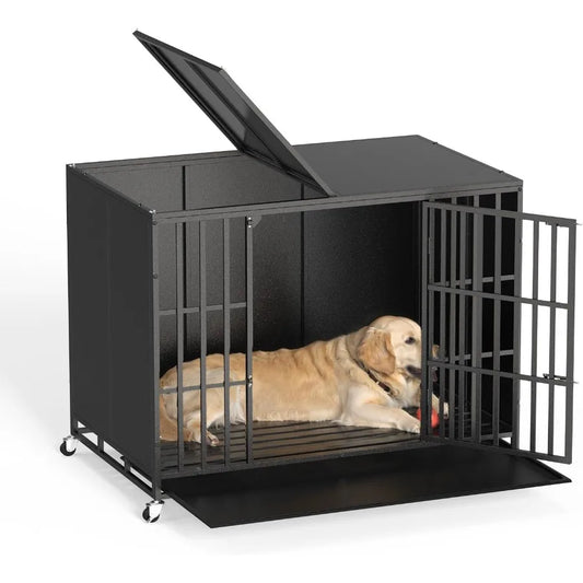 48/42 inch Heavy Duty Indestructible Dog Crate for Large Dogs with High Anxiety Extra Large Steel Escape Proof Dog Kennel Featu