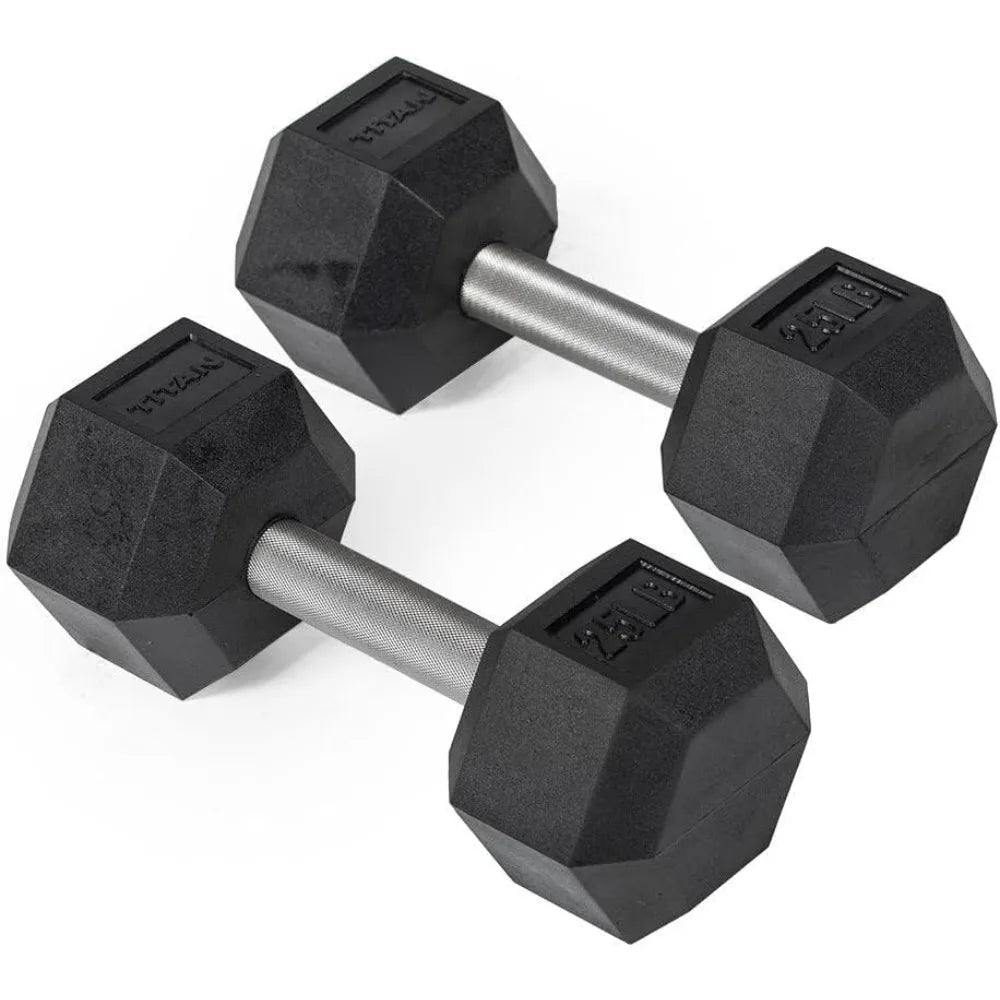 Titan Fitness 25 LB Pair Free Weights, Black Rubber Coated Hex Dumbbell, Straight Stainless Steel Handle, Strength Training, Ful