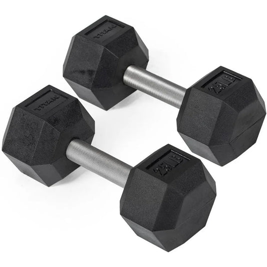 Titan Fitness 25 LB Pair Free Weights, Black Rubber Coated Hex Dumbbell, Straight Stainless Steel Handle, Strength Training, Ful