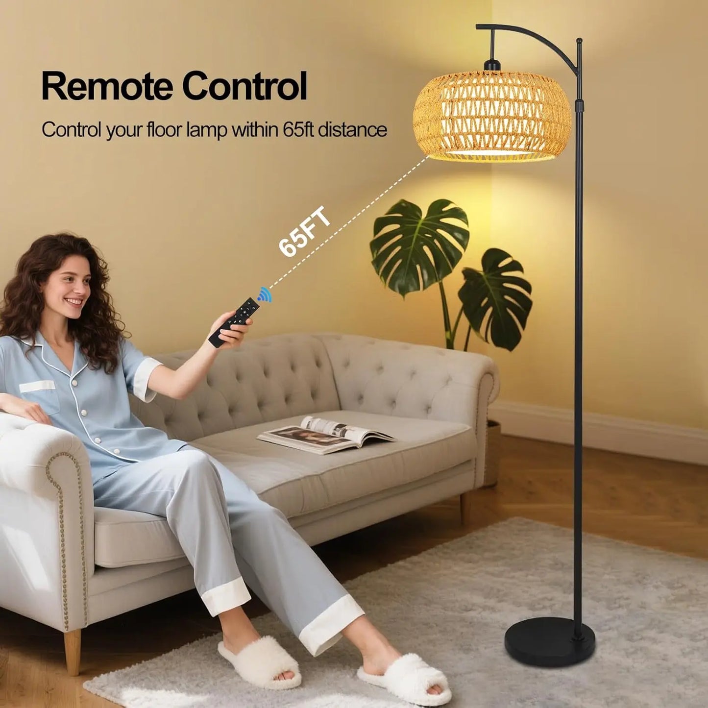 Boho Rattan Floor Lamp with Remote, Dimmable LED Black Standing Lamp for Living Room Bedroom Corner