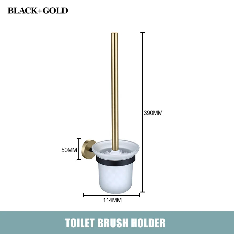 Brushed Gold Black Stainless Steel Wall-mounted Bathroom Storage Paper Towel Holder Toilet Brush Bath Robe Hook Soap Dispenser