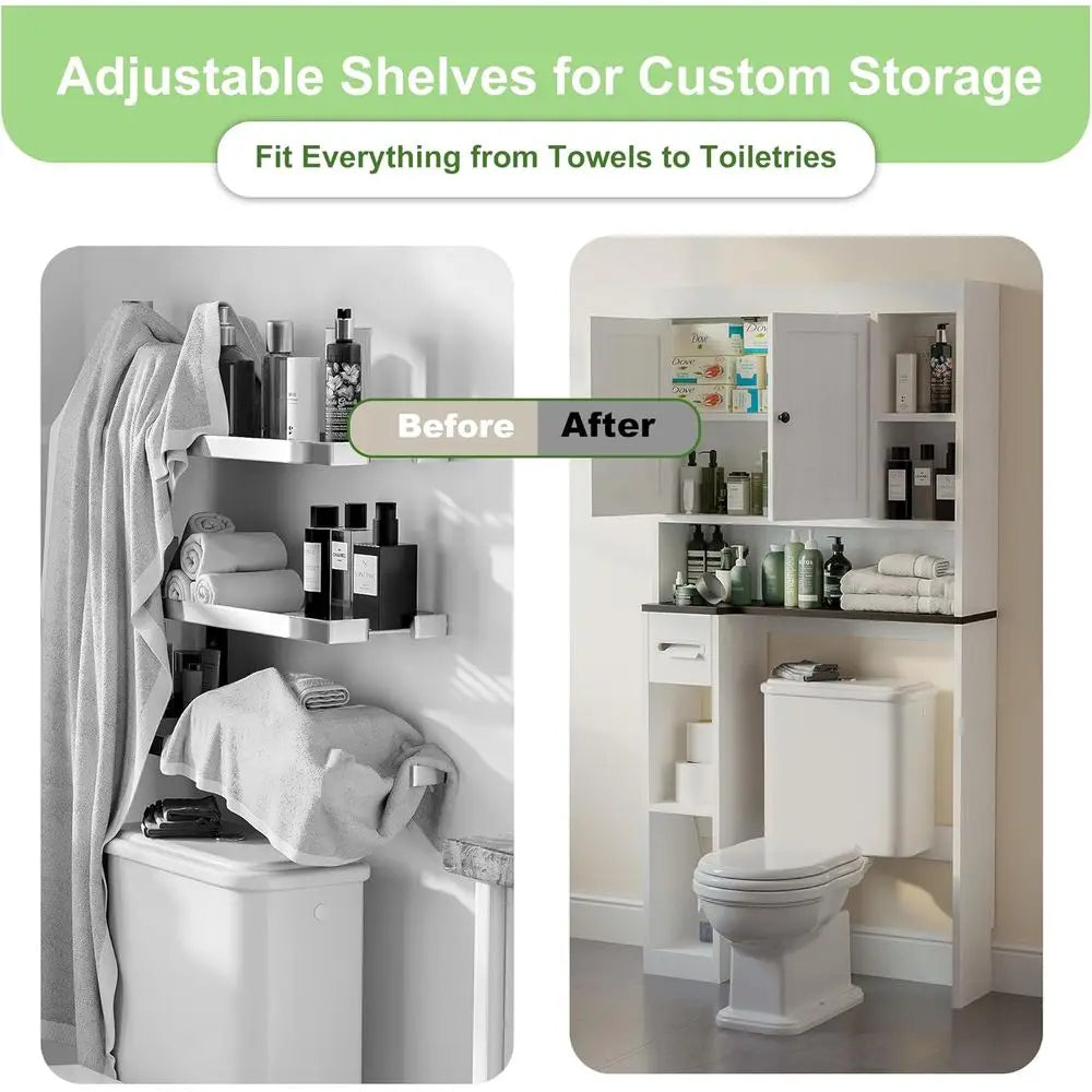 7-Tier Walnut-Style Over-the-Toilet Storage, White Bathroom Organizer with Toilet Paper Stand, Space-Saving for Restroom & Laund